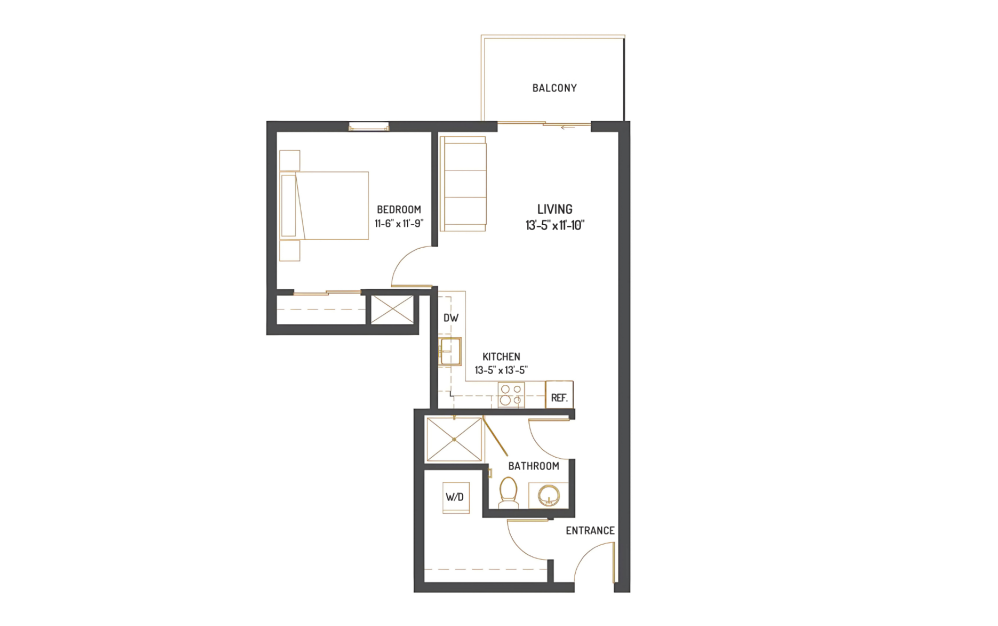 C5 - 1 bedroom floorplan layout with 1 bathroom and 691 square feet