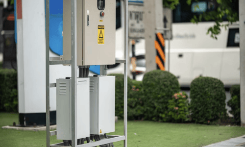 Modern electric vehicle charging station in an apartment parking garage