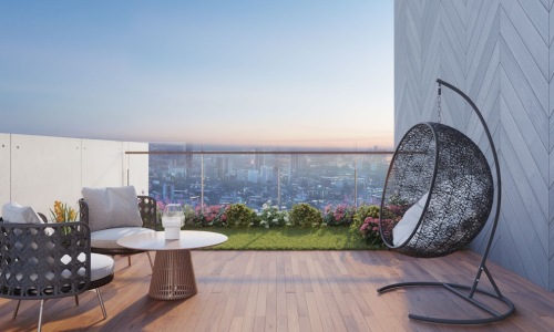 deck in apartment with city views and modern outdoor furniture