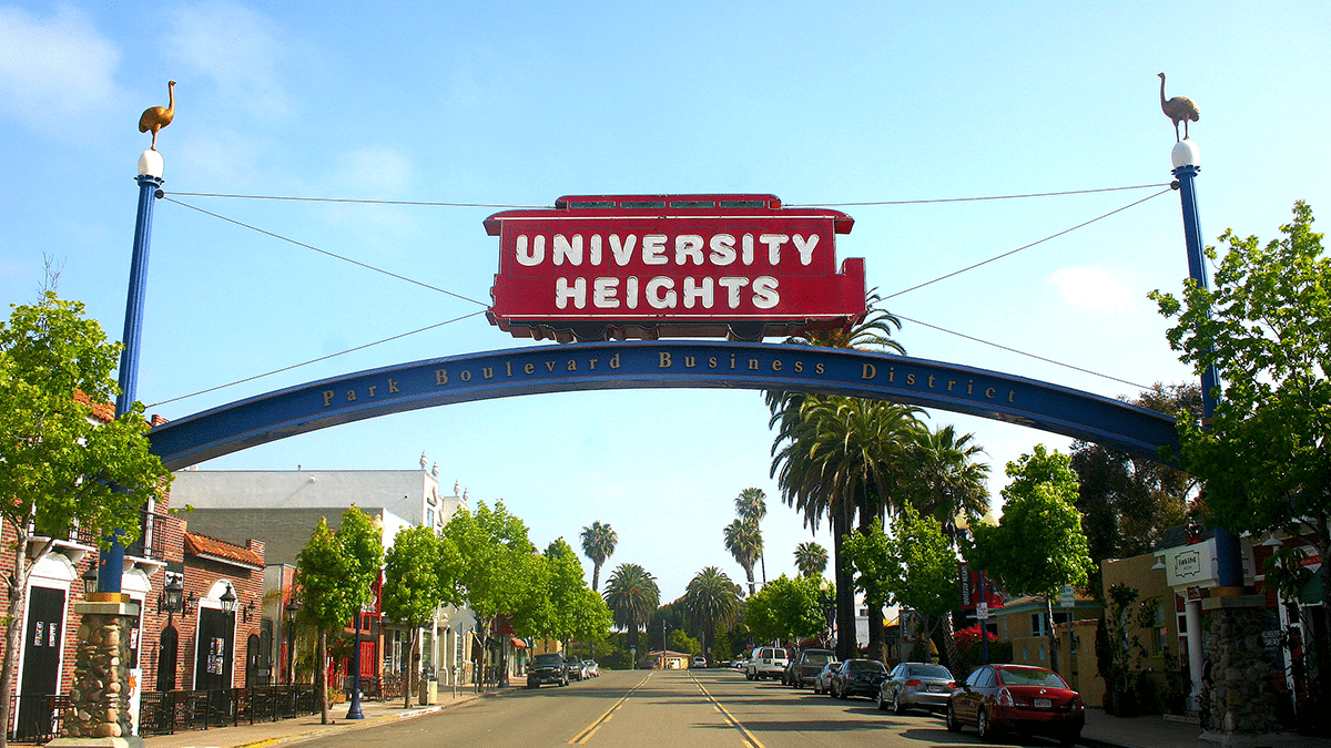 University heights sign near The Nash apartments in North Park